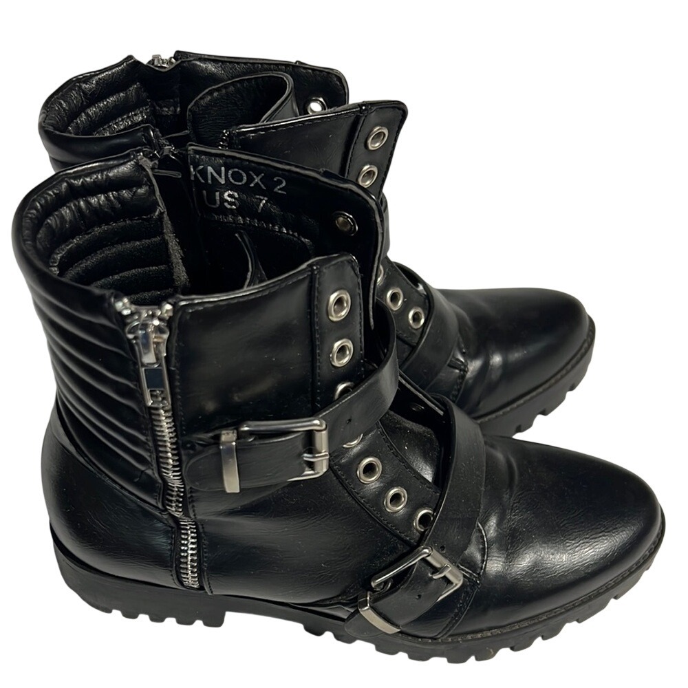 Knox 2 Womens Black Moto Combat Boots‎ Double Buckle Ribbed Ankle Size 7